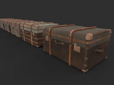 Vintage Leather Suitcases Arranged in Row with Retro Design and Metal Hardware 3d model