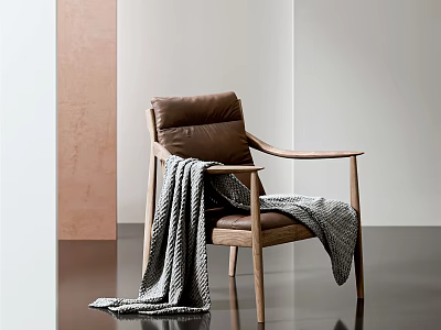 Brown Leather Leisure Chair With Wooden Armrests And Gray Blanket In Modern Interior 3d model