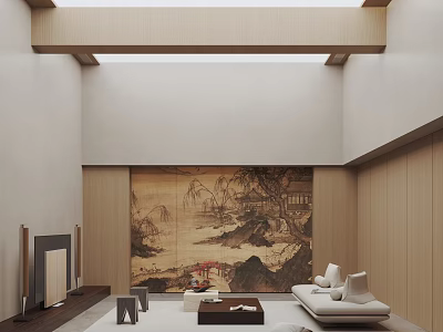 Modern Living Room Interior Design With Japanese Landscape Painting Wooden Elements And Sofa 3d model