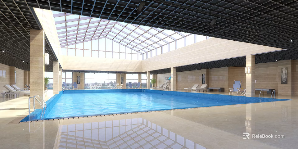 Indoor Swimming Pool with Glass Roof and Large Windows and Lounge Chairs in Spacious Environment 3d model 