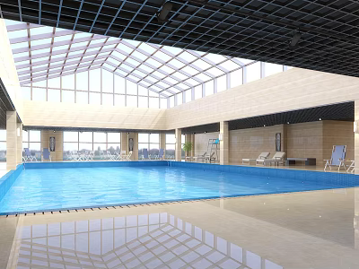 Indoor Swimming Pool with Glass Roof and Large Windows and Lounge Chairs in Spacious Environment 3d model