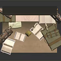 Cartoon Scene with Suitcases on Bench Green Panels and Hanging Rings