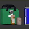 Essential Medical Devices With Green First Aid Kit Medicine Bottle Bandage Syringe And Disinfectant Canister
