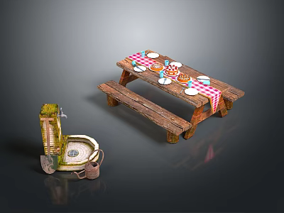 Outdoor Picnic Setup With Wooden Table Bench Stone Sink Tableware And Checkered Tablecloth 3d model