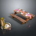 Outdoor Picnic Setup With Wooden Table Bench Stone Sink Tableware And Checkered Tablecloth