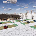 People Skiing And Snowboarding On Sunny Ski Slope With Cloudy Sky