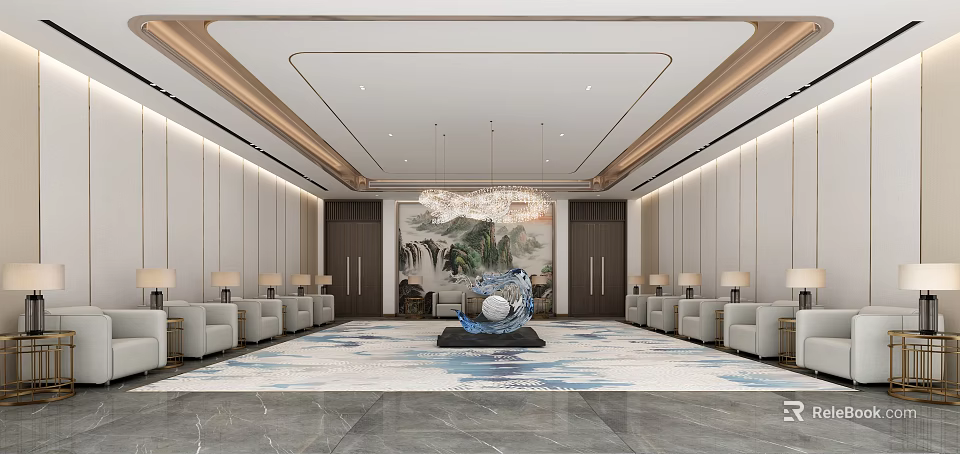 Modern Luxury Hotel Public Lounge Interior With Chandelier Sofas Area Rug And Artwork 3d model 