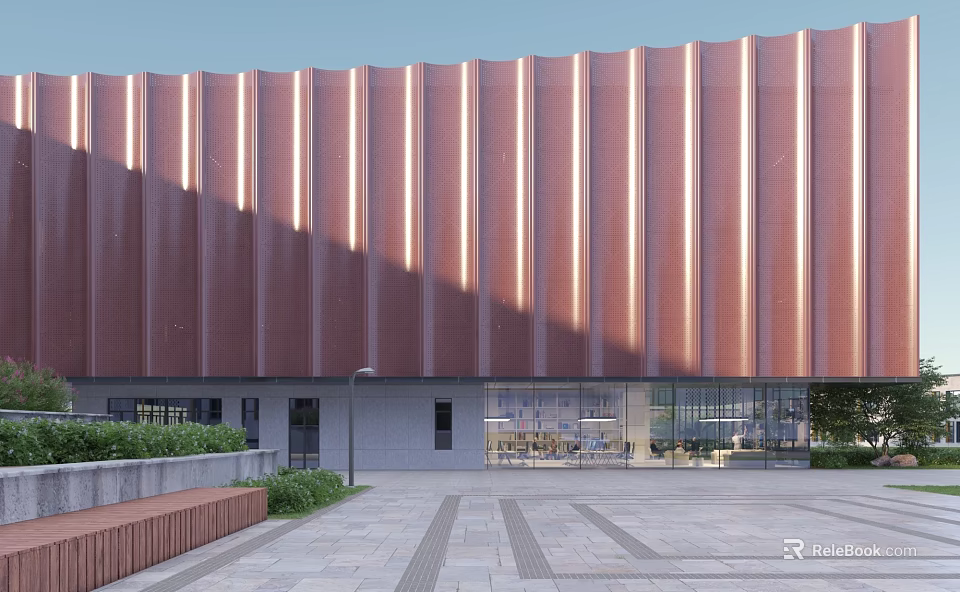 Modern Office Building With Ribbed Red Metal Exterior Glass Front And Paved Square 3d model 