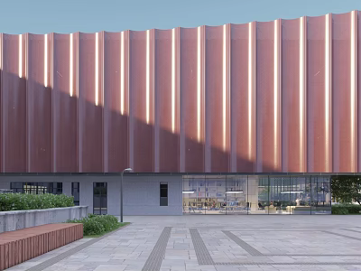 Modern Office Building With Ribbed Red Metal Exterior Glass Front And Paved Square 3d model