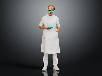 A Man Wearing White Coat And Blue Lens Glasses Holding Green Tablet Against Gray Background 3d model