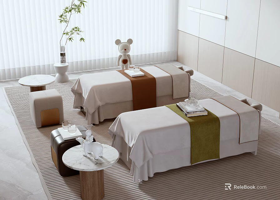 Comfortable Massage Beds With Brown Green Towels In Elegant Spa Room Setting 3d model 