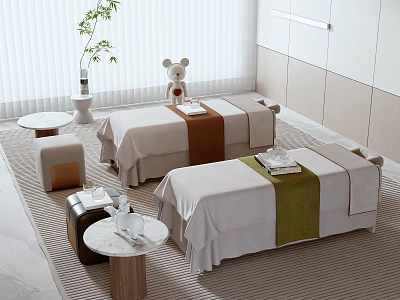 Comfortable Massage Beds With Brown Green Towels In Elegant Spa Room Setting 3d model