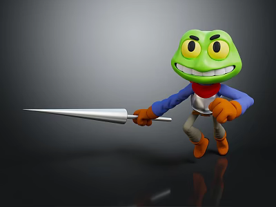 Green Cartoon Game or Movie Character With Big Yellow Eyes Grinning Holding Spear 3d model