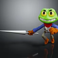 Green Cartoon Game or Movie Character With Big Yellow Eyes Grinning Holding Spear