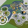 Park Landscape Seats in Circular Layout with Green Lawns and Trees