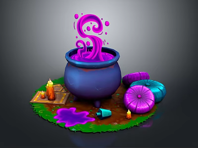 Vibrant Household Living Items With Blue Cauldron Purple Liquid Candles And Cushions 3d model