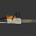Orange And White Chainsaw With Black Handle And Metal Chain On Reflective Surface
