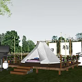 White Outdoor Camping Tent On Wooden Platform With Grill Decorative Screens And Lush Grass