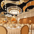 Elegant Luxury Banquet Hall Interior With Decorative Ceiling And Round Tables