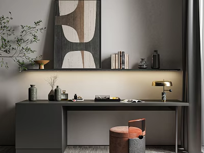 Modern Dressing Table with Gray Wall Abstract Painting Green Plant Table Lamp and Stool 3d model