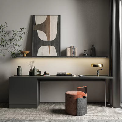 Modern Dressing Table with Gray Wall Abstract Painting Green Plant Table Lamp and Stool 3d model