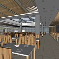 Spacious Canteen Interior Design With Wooden Tables Chairs White Tiles Ceiling Panels And Green Plants