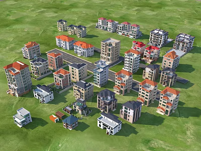 Detached Houses with Diverse Architectural Styles and Colorful Roofs on Lush Green Grassland 3d model