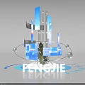 Modern Exhibition Entrance With Blue Illuminated Panels Vertical Structures And Decorative Spheres