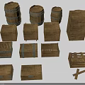 Wooden Barrels And Crates Collection With Various Sizes Open Designs Metal Straps And Stripe Patterns