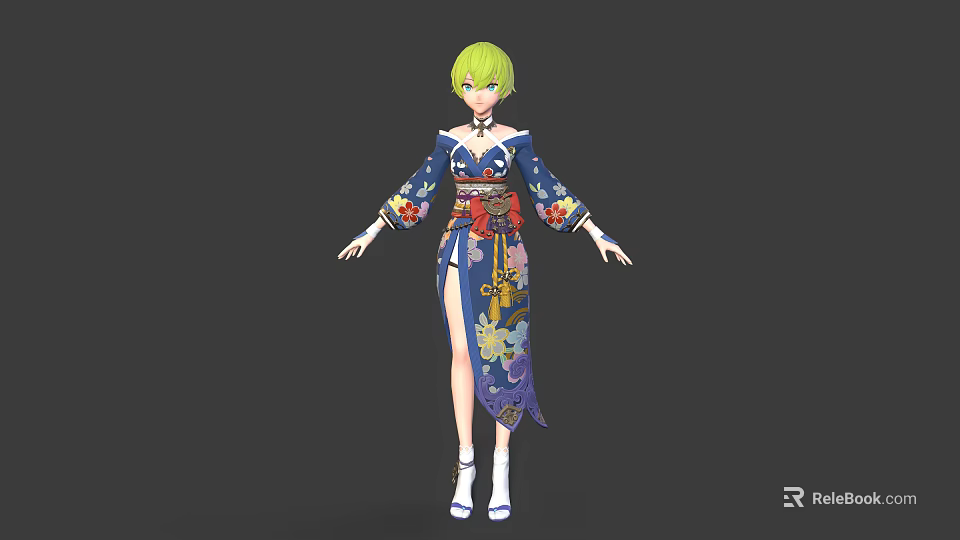 Anime Female Character With Green Hair In Blue Kimono Featuring Bird And Floral Patterns 3d model 