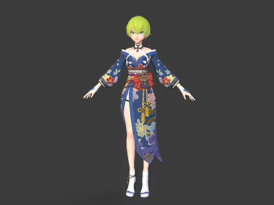 Anime Female Character With Green Hair In Blue Kimono Featuring Bird And Floral Patterns 3d model