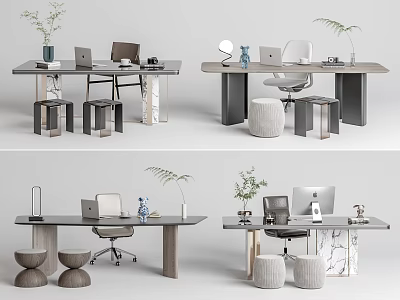 Modern Office Desk Interior With Wooden Top Laptop Lamp Plant Chair And Stools 3d model