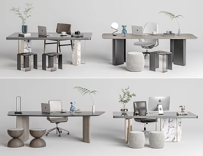 Modern Office Desk Interior With Wooden Top Laptop Lamp Plant Chair And Stools 3d model
