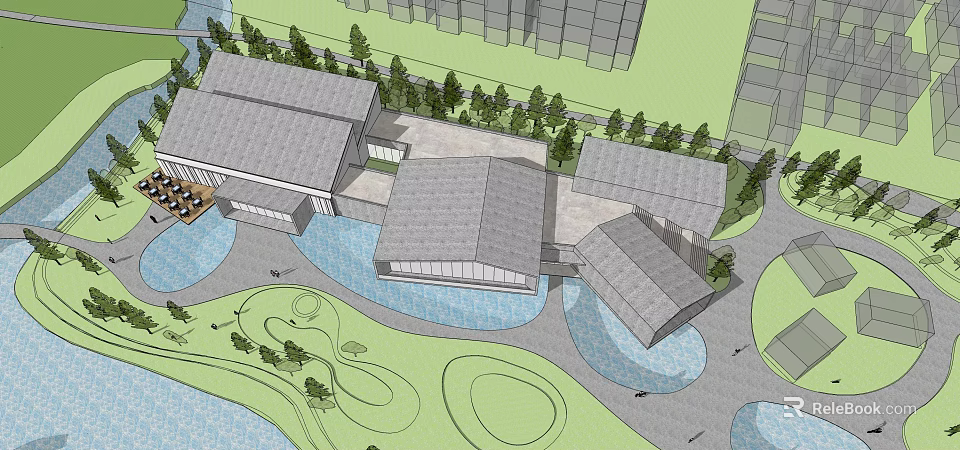 Modern Sales Office Building With Unique Roof Design Water Features And Lush Tree Landscaping 3d model 