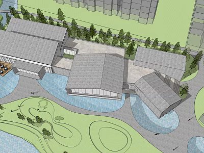 Modern Sales Office Building With Unique Roof Design Water Features And Lush Tree Landscaping 3d model