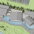 Modern Sales Office Building With Unique Roof Design Water Features And Lush Tree Landscaping