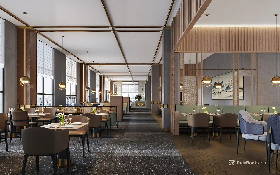 Elegant Modern Restaurant Interior With Wooden Decor Hanging Lamps And Dining Tables 3d model 