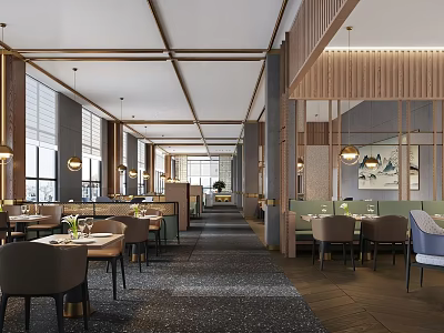 Elegant Modern Restaurant Interior With Wooden Decor Hanging Lamps And Dining Tables 3d model