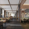 Elegant Modern Restaurant Interior With Wooden Decor Hanging Lamps And Dining Tables