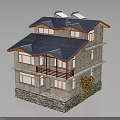 Two Story House Featuring Blue Roof Solar Panels Orange Window Frames Stone Base and Greenery