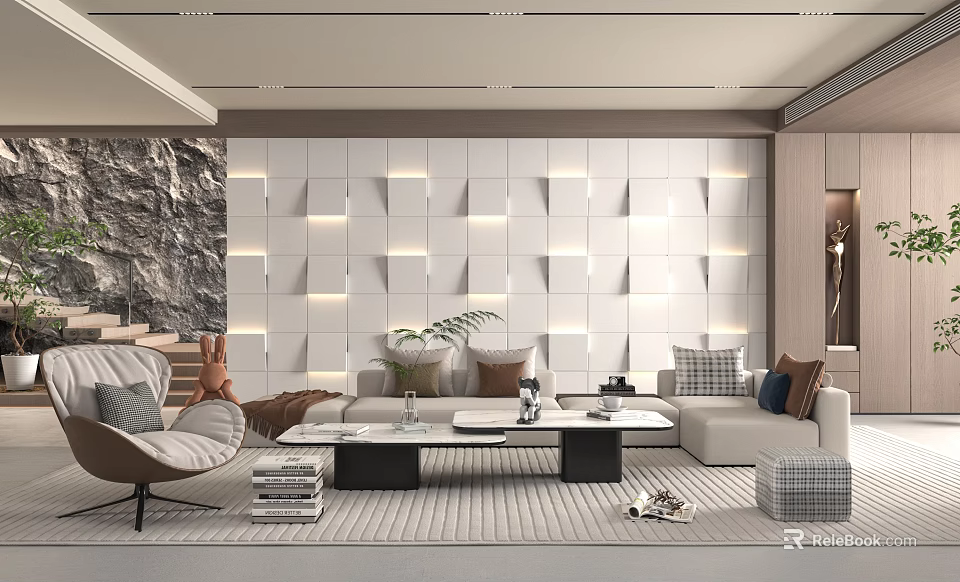 Warm Modern Stylish Living Room With Backlit Decorative Wall Panels And Cozy Sectional Sofas 3d model 