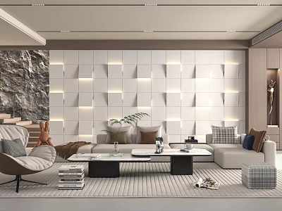 Warm Modern Stylish Living Room With Backlit Decorative Wall Panels And Cozy Sectional Sofas 3d model