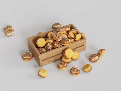 Golden Crispy Pretzels Filled in Wooden Box and Some Scattered Around 3d model