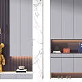 Modern Gray Shoe Cabinet With Open Shelf Storage And Decorative Items
