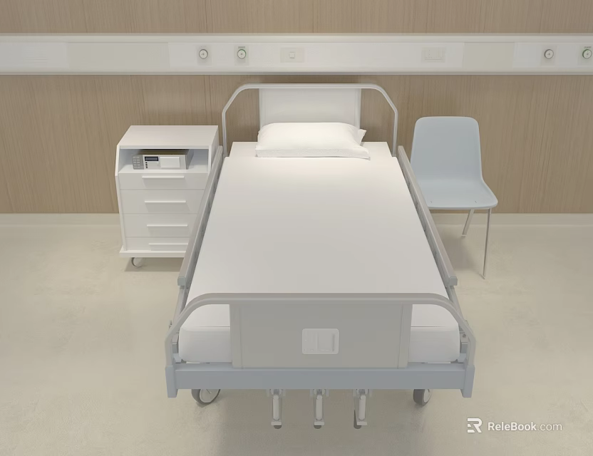 Modern Hospital Room Interior With Medical Bed Bedside Cabinet And Chair 3d model 
