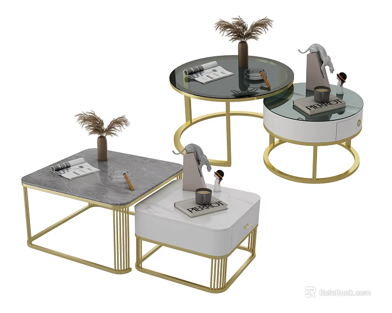 Modern Coffee Tables With Gold Frame Different Shapes And Decorative Elements 3d model