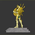 Game Movie Character Statue In Golden Armor With Wings Shield And Pedestal