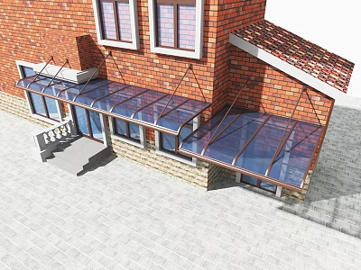 Clear Glass Awning for Two Window Red Brick Building Outdoor Entrance Area 3d model