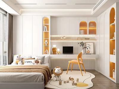 Modern Tatami Bedroom Interior With Bed Bookshelves Desk Chair And Decorative Rug 3d model