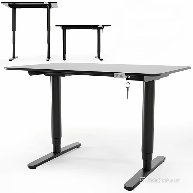 Modern Adjustable Height Desk With Black Metal Frame And White Tabletop 3d model 